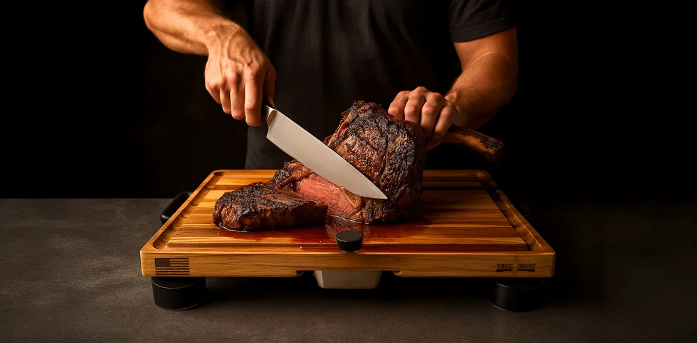 The True Board cutting board being used to carve meat
