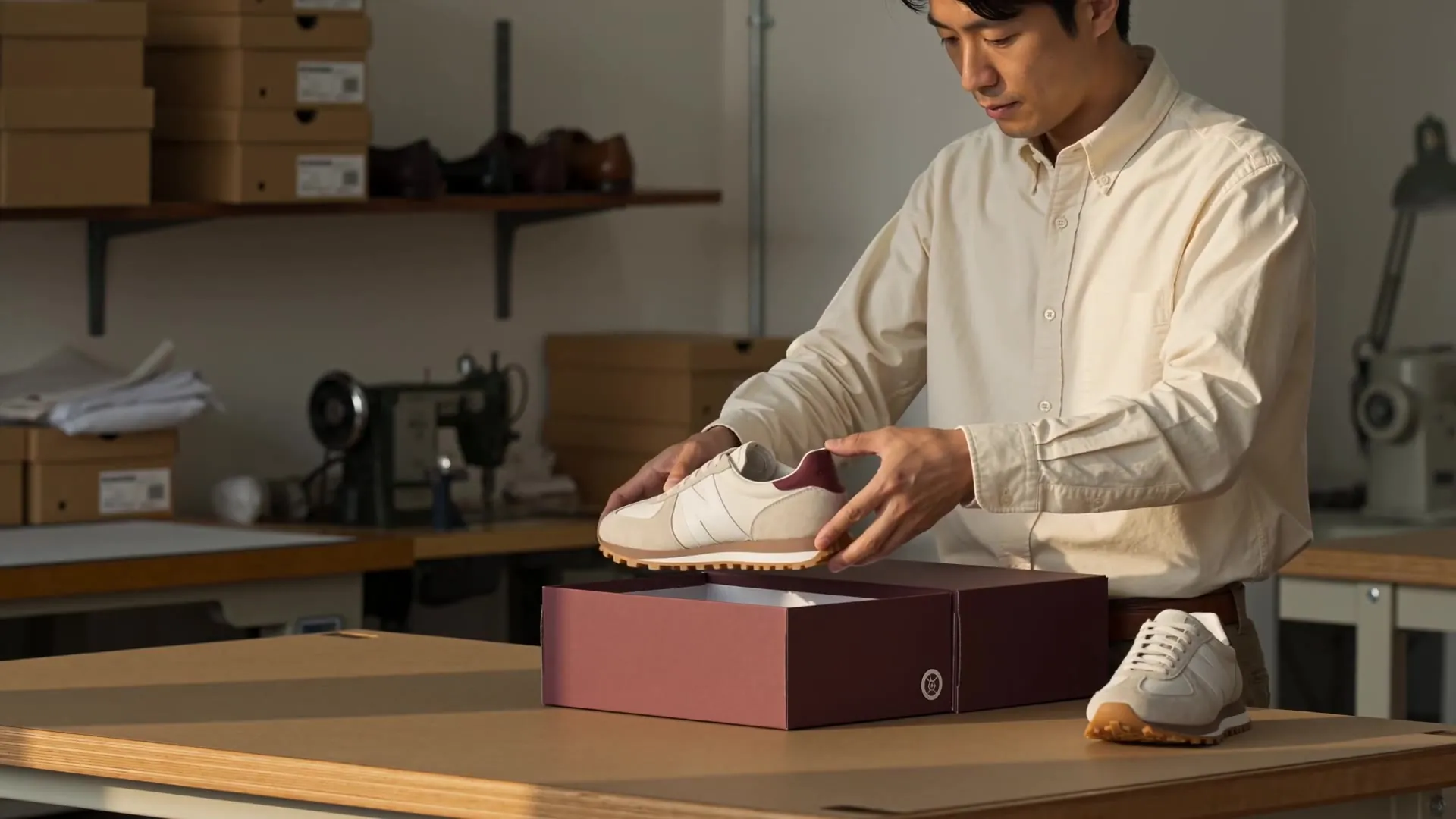 A footwear maker carefully packing a shoe in his workshop.